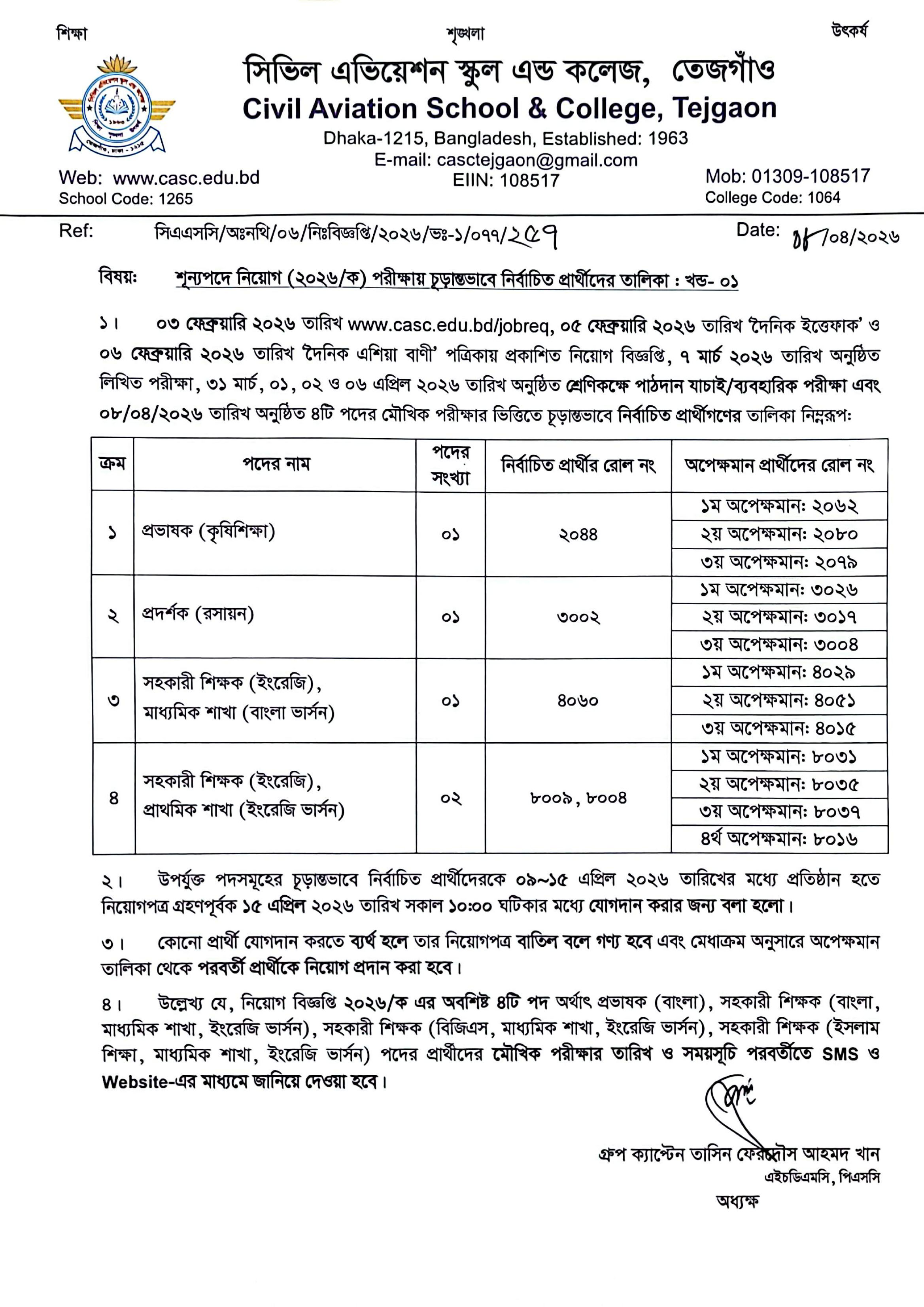 নিয়োগ (২০২৬/ক) চূড়ান্ত ফলাফল : খন্ড-০১