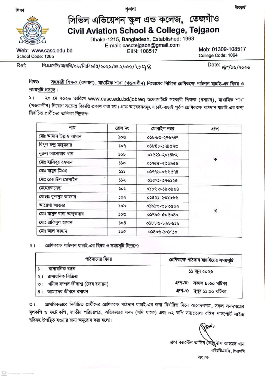 খন্ডকালীন শিক্ষক নিয়োগের শ্রেণিকক্ষে পাঠদান যাচাই এর বিষয় ও সময়সূচী